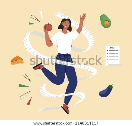 Healthy eco diet. Girl rejoices with apple in hand, vegetarian nutrition, healthy food. Fruits, vegetables and vitamins. Active lifestyle and sports, fat burning. Cartoon flat vector illustration Royalty-Free Stock Photo #2148311117