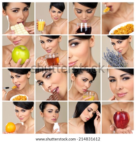 Composition of beautiful brunette portraits with multiple objects