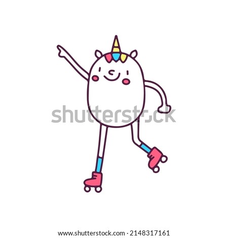 Kawaii unicorn playing roller skate, illustration for t-shirt, street wear, sticker, or apparel merchandise. With doodle, retro, and cartoon style.