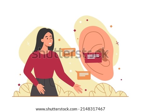 Listening skill concept. Young girl next to big ear, medical posters and banners, reminder of care and regular checkups. Communication and discussion metaphor. Cartoon flat vector illustration Royalty-Free Stock Photo #2148317467