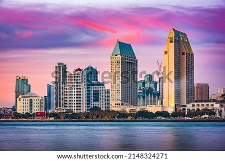 San Diego, California, USA downtown skyline on the San Diego Bay at dusk.