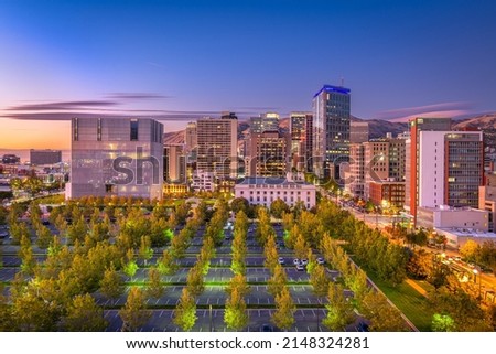 Salt Lake City, Utah, USA downtown financial district cityscape at twilight.