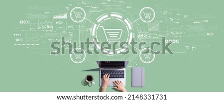 Online shopping theme with person working with a laptop