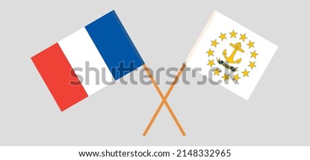 Crossed flags of France and the State of Rhode Island. Official colors. Correct proportion. Vector illustration
