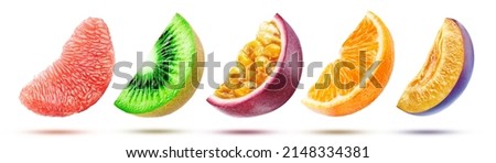 A set of ripe and bright slices of grapefruit, kiwi, passion fruit, orange and plum flying over a white background. Royalty-Free Stock Photo #2148334381