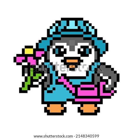 Happy gardener penguin with a flower and a watering can, cute pixel art animal character isolated on white background. Old school retro 80s, 90s 8 bit slot machine, computer, video game graphics. 