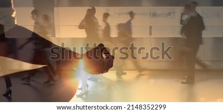 woman at peace meditating in a crowded busy hectic environment. Stress management concept Royalty-Free Stock Photo #2148352299