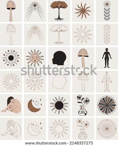 Set of Celestial Icons and Symbols with Sun,Woman,Mushroom,Tree, Human Face and Body Illustration.	
