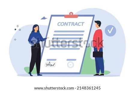 Contract Agreement Concept. Businesspeople meeting for signing contract flat vector illustration.  Employment, deal, partnership concept for website design or landing web page, poster and banner. Royalty-Free Stock Photo #2148361245
