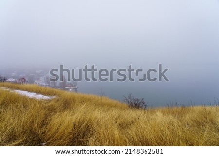 Foggy bank of a river or reservoir in damp cold weather. Background with copy space for text