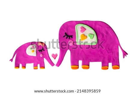 Cute handmade plasticine clay elephant. Baby shower newborn safari African nursery animals. Motherhood family illustration.
