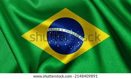 Close up realistic texture fabric textile silk satin flag of Brazil waving fluttering background. National symbol of the country. 7th of September, Happy Day concept
