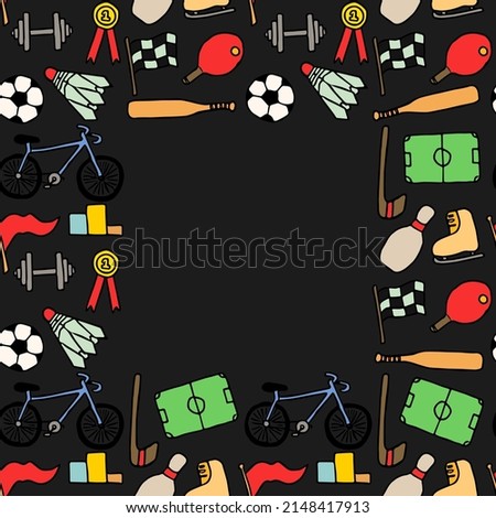 Colored seamless vector sports icons with place for text. Doodle vector with sport icons on black background. Vintage sport pattern