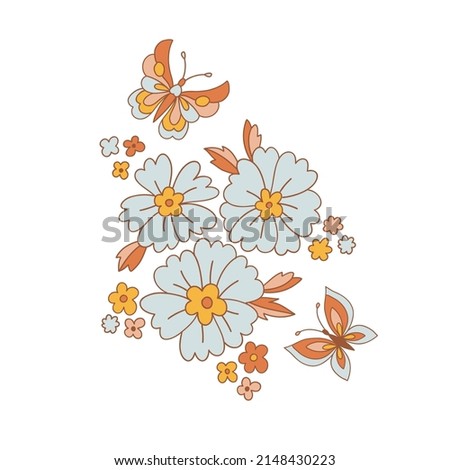 Flower and Butterfly arrangement Retro 70s 60s Groovy Hippie Flower Power vibes vector illustration isolated on white. Boho Summer retro colours floral print.