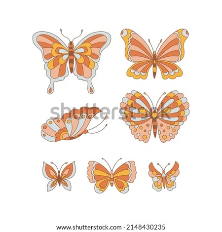 Butterfly Retro 70s 60s Groovy Hippie vector illustration set isolated on white. Boho Summer retro colours butterflies print collection for tee shirt or fashion fabric.