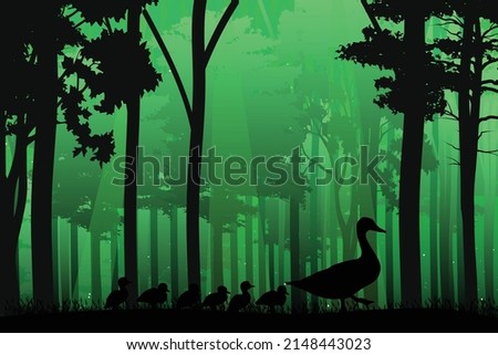 cute duck animal in jungle silhouette