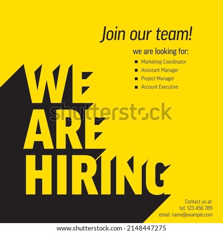 We are hiring minimalistic flyer template - looking for new members of our team hiring a new member colleages to our company organization team. Hiring yellow flyer banner advertisement Royalty-Free Stock Photo #2148447275