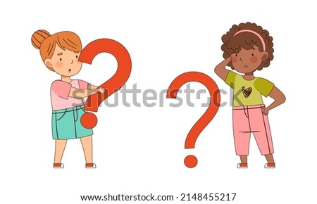 Puzzled Little Girl with Question Mark Scratching Her Head Wondering Vector Illustration Set