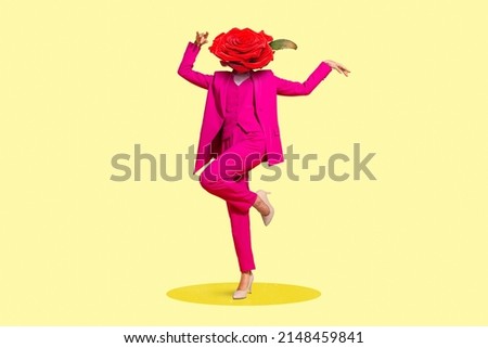 Artistic modern mockup of stylish lady with plant head dance private holiday isolated yellow pastel color background