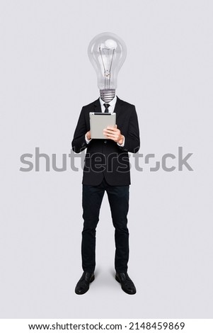Modern poster of intelligent brilliant manager with lightbulb face marketing gadget isolated silver color background