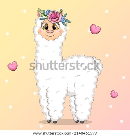 Cute cartoon white llama with flowers on the head. Vector illustration of an animal on a yellow and pink background with dots.