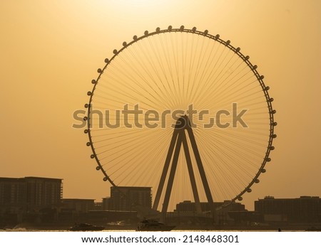 Dubai, United Arab Emirates. April 17, 2022. Amazing aerial view of the Ain Dubai at sunset. The world’s tallest and largest observation wheel. An iconic landmark close to Dubai Marina