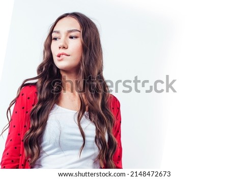 young pretty brunette real girl hipster on white background casual close up dreaming isolated smiling close up