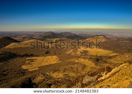 View of the Chaîne des Puys in Auvergne, Panoramic of the Domes. Puy de Dome Royalty-Free Stock Photo #2148482383