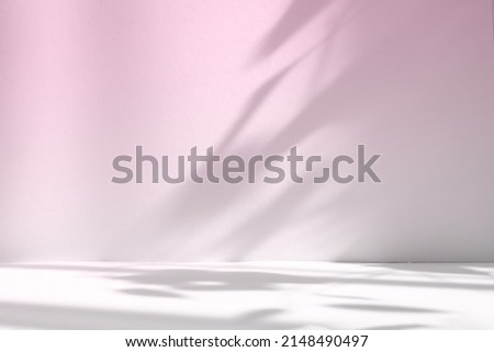 Abstract pink color gradient studio background for product presentation. Empty room with shadows of window and flowers and palm leaves . 3d room with copy space. Summer concert. Blurred backdrop. Royalty-Free Stock Photo #2148490497