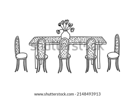Dining table and chairs doodle illustration. Cozy kitchen interior illustration