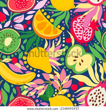 Bright, summery fruit mix. Seamless pattern. Modern exotic design for wrapping, wallpaper, fabric, decoration print, interior decor and more Royalty-Free Stock Photo #2148495937