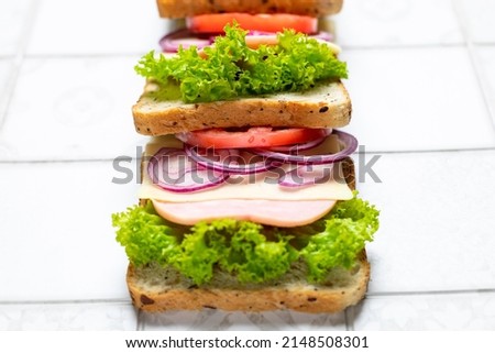 sandwich with ham cheese tomatoes lettuce onions. Ingredients for a sandwich with whole grain bread. Top view