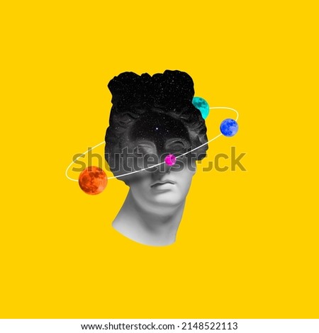 Contemporary art collage. Antique statue bust with colorful planets around head isolated over bright yellow background. Creative design. Vibrant coors. Concept of imagination, surrealism, style