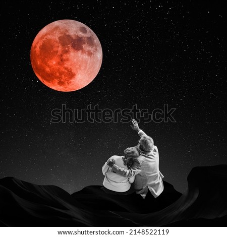 Contemporary art collage. Lovely elderly couple sitting on rock at night, looking at moon and stars. Romantic date. Surrealism, Concept of creativity, love, imagination, relationship Royalty-Free Stock Photo #2148522119