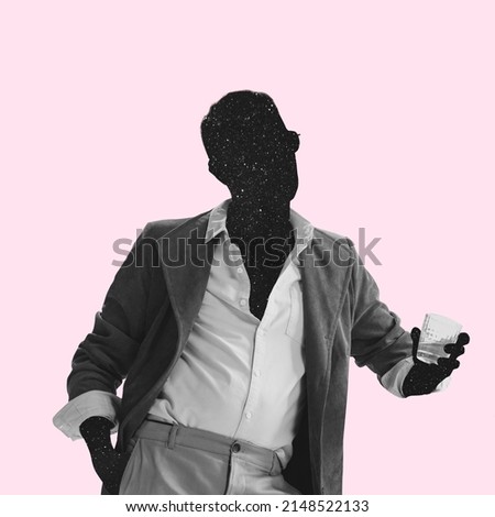 Contemporary art collage. Faceless brutal stylish man holding alcohol glass isolated over pink background. Concept of addiction, inner world, psychology, surreal art, diversity