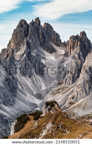 Dolomites, Three Peaks of Lavaredo. Italian Dolomites with famous Three Peaks of Lavaredo, Tre Cime , South Tyrol, Italy,Mountain range of Cadini di Misurina and Sorapiss Royalty-Free Stock Photo #2148550051