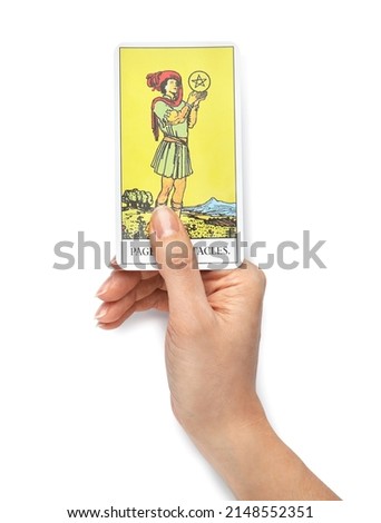 Woman with Page of Pentacles tarot card on white background, top view