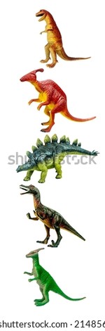 As a set of dinosaur plastic figure toy isolated on white background . It is the history of animals in the Jurassic period. It's a model about animals that kids love.