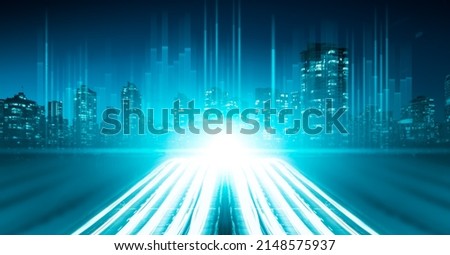 Futuristic City Building Skyline. Traffic light trail to Cityscape. Blue Color. Background from Downtown Vancouver, BC, Canada.