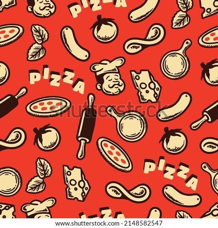 pizza ingredients pattern in vintage style with red background