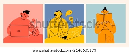 People using laptop, looking at smartphone, holding book. Working online, freelancing, education, knowledge concept. Cartoon style characters. Set of three hand drawn Vector illustrations