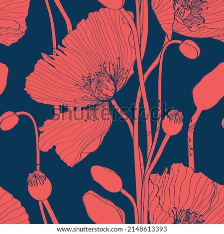 Floral seamless pattern. Flower poppy background. Flourish tiled ornamental texture with flowers. Spring floral garden. Red blue colors. Royalty-Free Stock Photo #2148613393