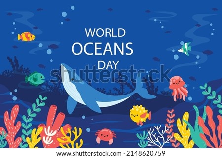 Let's save our oceans. World oceans day design with underwater ocean, dolphin, shark, coral, sea plants, stingray and turtle
