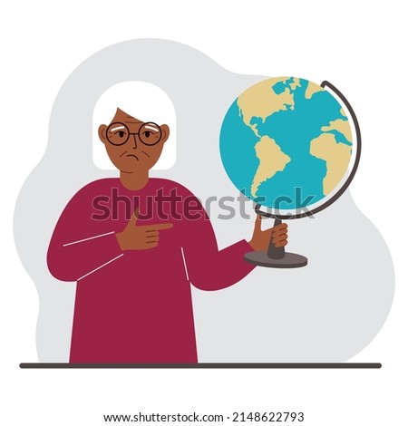 A old woman holds a globe in his hand and points his finger at it. The concept of education, teacher, world conquest, ecology. Vector flat illustration