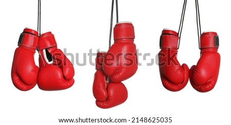 Set with red boxing gloves on white background. Banner design