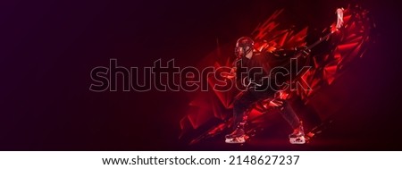 Attacker. Man, professional hockey player in protective uniform training isolated on dark background polygonal, fluid neon elements. Concept of sport, health, win, goals. Poster, flyer, banner