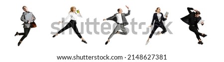 Set of emotional office workers jumping and dancing isolated on white background. Business, motion, immigration concept. Horizontal flyer. Young people in motion and action