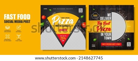 Fast food social media banner post template with abstract background, restaurant logo and business icon. Pizza, burger or hamburger online sale marketing flyer. Food brand digital poster design.