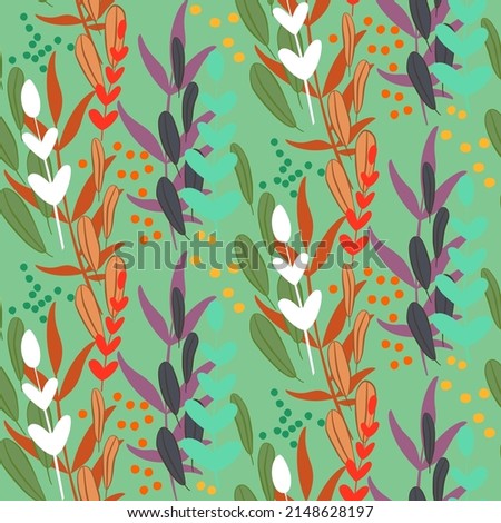 Vector seamless half-drop pattern, with leaves and hackberry Royalty-Free Stock Photo #2148628197