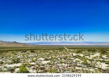 Highway through the vast expanse of the Mojave Desert, California, after spring rains coloured the desert green. Between Twentynine Palms and Amboy. Royalty-Free Stock Photo #2148629199